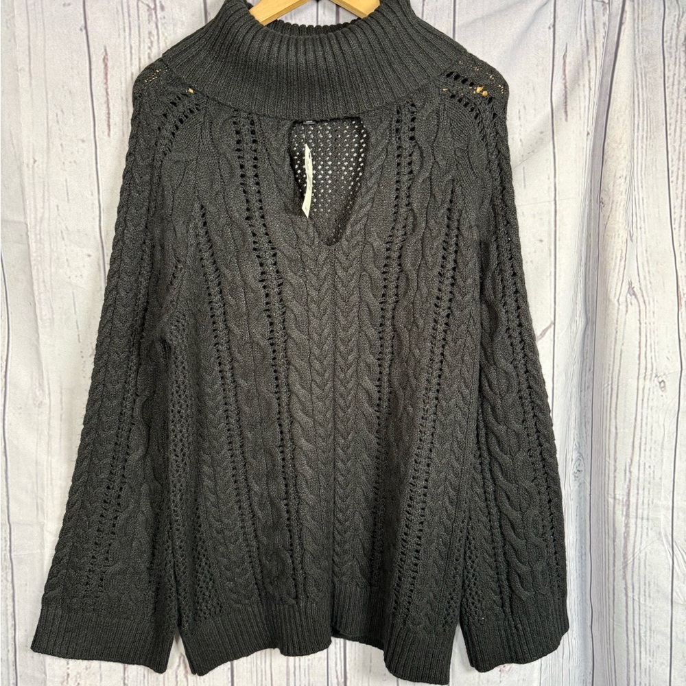 Lane Bryant Women's Black Cable Knit Sweater Turtle Neck Keyhole Size 14/16